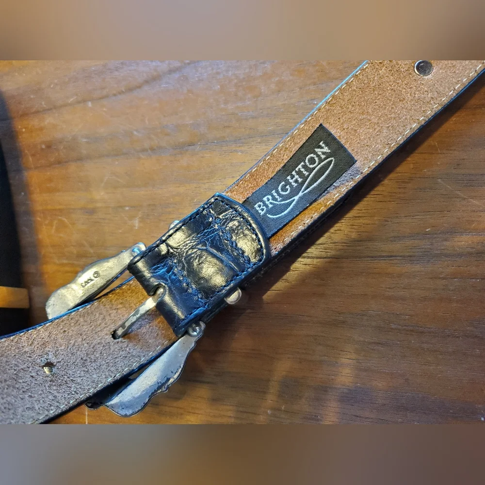 Vintage '93 Brighton Black Leather Belt Ornate Silver Buckle & Conchos Small  28
